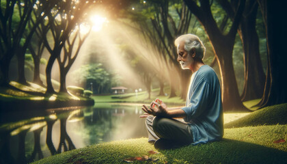 森の中でのヨガをする高齢男性