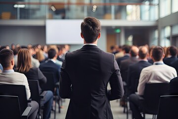 Back view of the presenting business man front of people.by Generative AI.