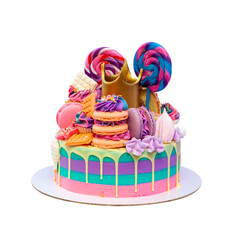Bright and colorful cake with golden crown, lollipops, swirls, macaroons, cupcake on purple background. Pink, blue and violet striped cake