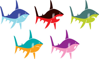 Icons depicting funny fish, sharks with different emotions - 678258265