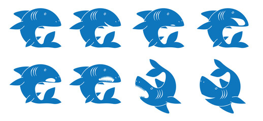 Icons depicting funny fish, sharks with different emotions