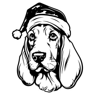 Cute basset hound Dog wearing Santa hat head, Christmas illustration, Generative AI.