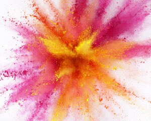 Colored powder explosion on white background . Abstract closeup dust on backdrop. Colorful explode. Paint holi