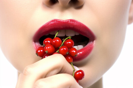 Intimate Glimpse: Female Lips Savoring Juicy Red Currants Up Close AI generated