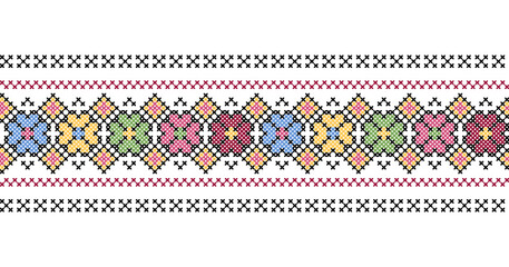 Ukrainian embroidery floral pattern for textile, fabric, cloth. Vector seamless pattern, print. Ukrainian colorful folk embroidery, ethnic ornament. Pixel art, vyshyvanka, cross stitch