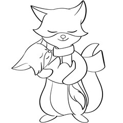 Foxes mom and baby. Outline drawing cute animals for Mother's Day.