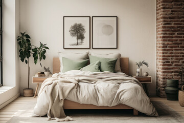 Bedroom in a scandinavian interior style with neutral decor and posters above the bed, minimalist style. Generative AI