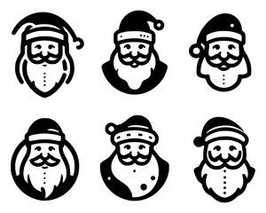 Set of Black and White Santa Claus Face Icons