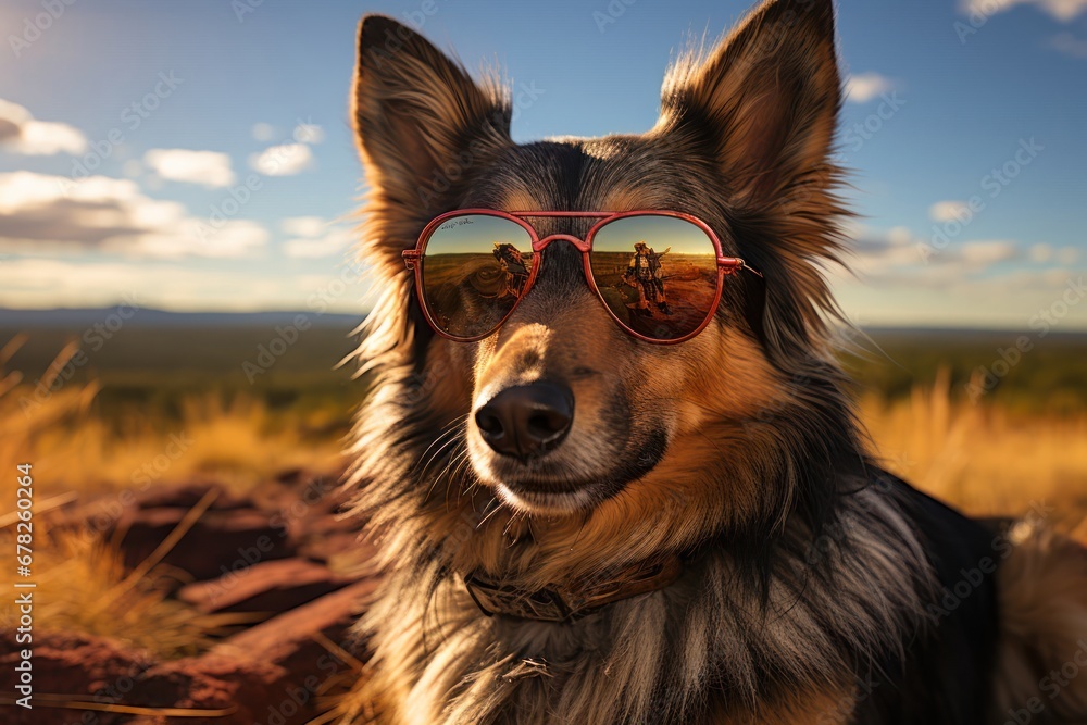 Poster cool canine in shades enjoying a sunny day in the field generative ai