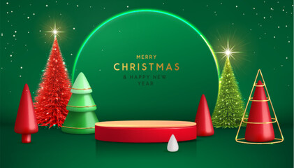 Holiday Christmas showcase green background with 3d podiums, Christmas tree and neon arch. Abstract minimal scene. Vector illustration