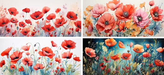 flowers red illustration summer poppy plant art nature watercolor floral blossom painting  - obrazy, fototapety, plakaty