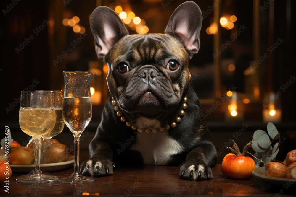 Poster sophisticated pooch enjoying a glass of wine at the table generative ai
