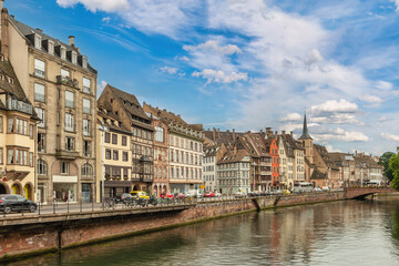 Naklejka na ściany i meble Strasbourg France, colorful Half Timber House city skyline and Ill river