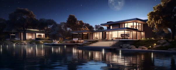Fototapeta na wymiar A modern riverside mansion, aglow with soft exterior and landscape lighting, casting a serene reflection on the water's surface, while the night sky is adorned with stars.