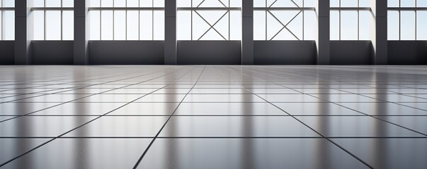 A perspective shot of a tiled floor with a pristine and symmetrical grid line texture, providing a...
