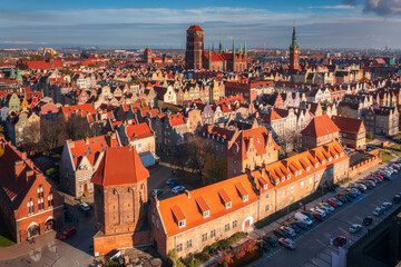 Aerial view of Main town in Gdansk by the Motlawa river in Gdansk, Poland - obrazy, fototapety, plakaty