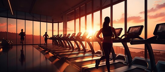 Silhouette strong athletic woman sprinter use treadmill in fitness center at sunset - obrazy, fototapety, plakaty