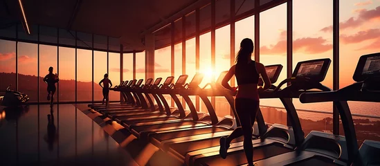 Fotobehang Silhouette strong athletic woman sprinter use treadmill in fitness center at sunset © orendesain99
