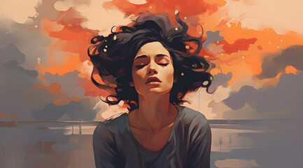 Colourful illustration of a depressed woman with abstract background.