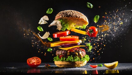 product shot of a burger, floating ingredients; food photography style in movement with polarizing filter and dark background for graphics on products media social networks copy space - obrazy, fototapety, plakaty