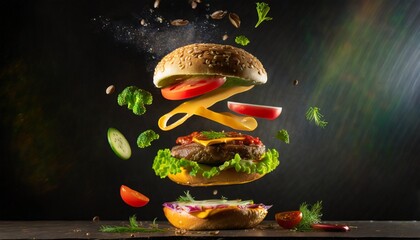 product shot of a burger, floating ingredients; food photography style in movement with polarizing filter and dark background for graphics on products media social networks copy space