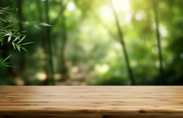 Wooden board empty table blurred background. Perspective brown wood table over blur trees forest background - can be used mock up for display or montage your products. spring season