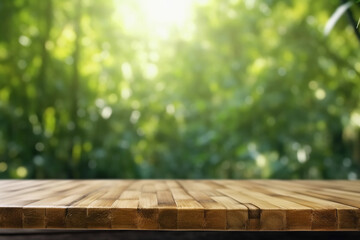 Forest Wood Tabletop Display for Product advertisement with Defocused Nature Background.