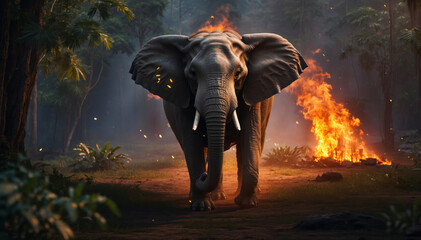 An elephant runs away from a fire in the jungle.