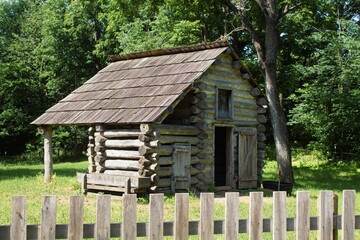 Rural wooden house in Lincoln's Old Salem park in Springfield, Illinois, USA