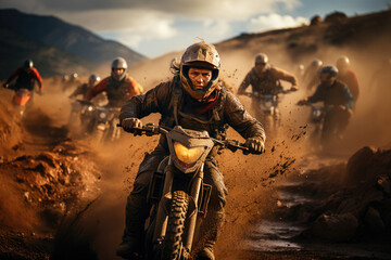 Dynamic motocross riders racing on a dusty trail, with a focused racer leading the action-packed off-road adventure. - obrazy, fototapety, plakaty