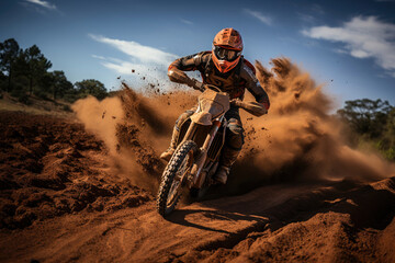 Motocross rider speeding through a dirt track, kicking up dust and demonstrating extreme sports action and skill.