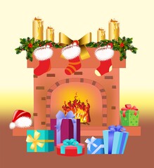 composition with a fireplace with socks attached to it and gifts under the fireplace