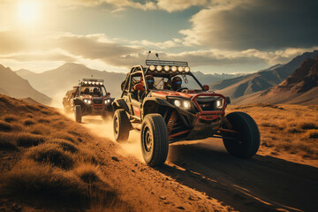 A convoy of dune buggies races through a dusty desert landscape at sunset on an adventurous off-road journey.