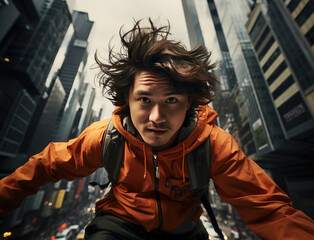 A dynamic image of a young man with a backpack and wind-swept hair leaping in an urban cityscape.