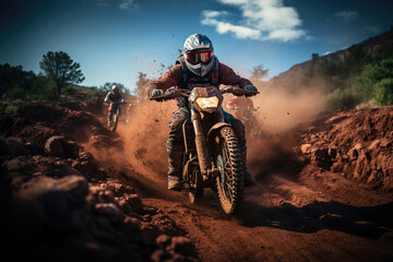 Motocross rider racing through a muddy and dusty track in an extreme sports event, demonstrating speed and agility.