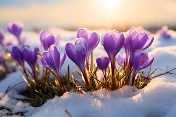 spring crocus flowers snow