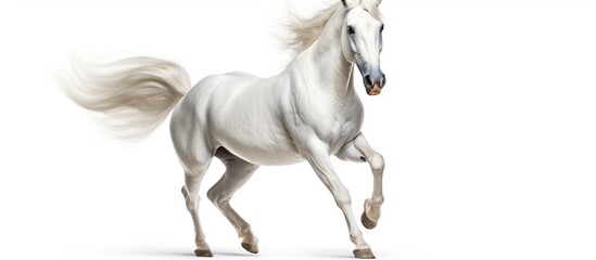 Naklejka na ściany i meble Beautiful White horse running forward on white background AI generated image