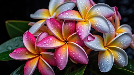 Frangipani (Plumeria) flowers with water drops. Springtime Concept. Valentine's Day Concept with a...