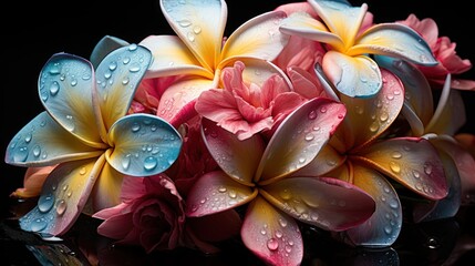 Plumeria flowers with water drops on black background, close up. Springtime Concept. Valentine's...