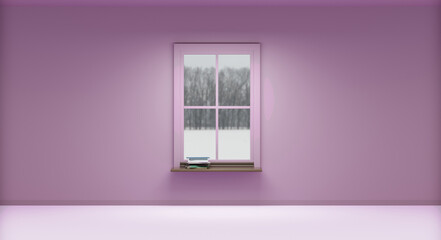 Floor and walls with windows A room where the view outside the window is winter 3D illustration