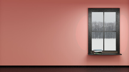 Floor and walls with windows A room where the view outside the window is winter 3D illustration