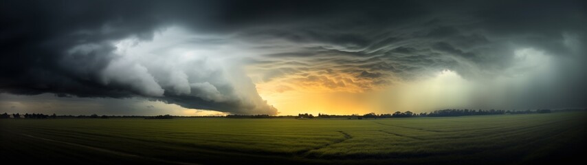 storm cloud over a field panorama during sunrise or sunset