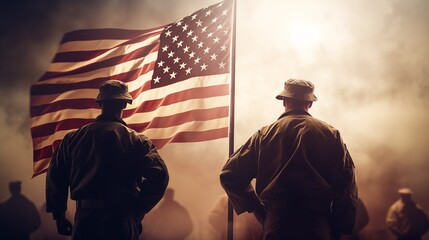 patriot veterans salute against US flag  - obrazy, fototapety, plakaty