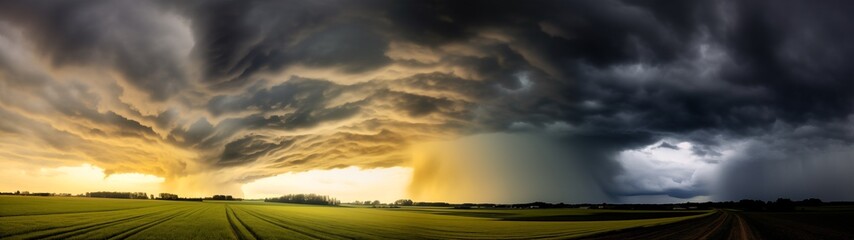 Naklejka na ściany i meble storm cloud over a field panorama during sunrise or sunset landscape