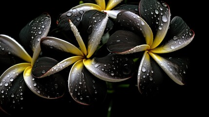 Frangipani or Plumeria flowers with water droplets on black background. Springtime Concept....