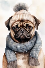 Watercolor image of a pug in a hat and scarf, dog in winter clothes, Christmas pug - obrazy, fototapety, plakaty