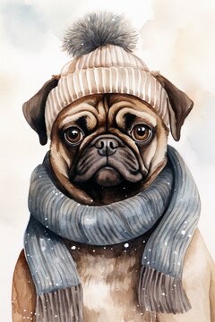 Watercolor image of a pug in a hat and scarf, dog in winter clothes, Christmas pug