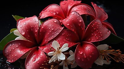 Red frangipani flowers with water drops on black background. Springtime Concept. Valentine's Day...