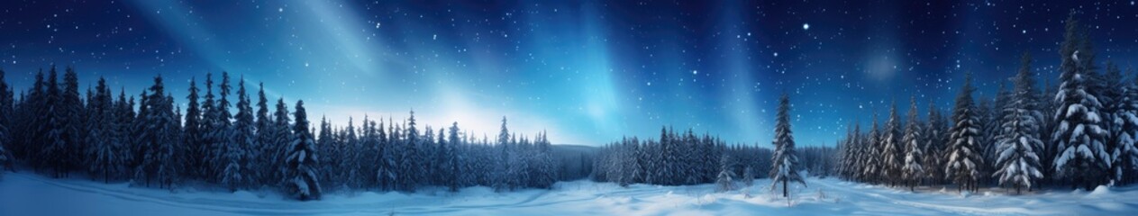Amazing snowy winter landscape. Winter landscape with snow-covered pine trees and northern lights (northern lights). Polar Lights. Creative image of wild nature. - obrazy, fototapety, plakaty