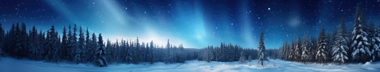 Fotobehang Amazing snowy winter landscape. Winter landscape with snow-covered pine trees and northern lights (northern lights). Polar Lights. Creative image of wild nature. © AndErsoN